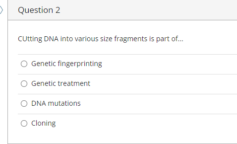 Question 2
Cutting DNA into various size fragments is part of...
Genetic fingerprinting
Genetic treatment
O DNA mutations
Cloning

