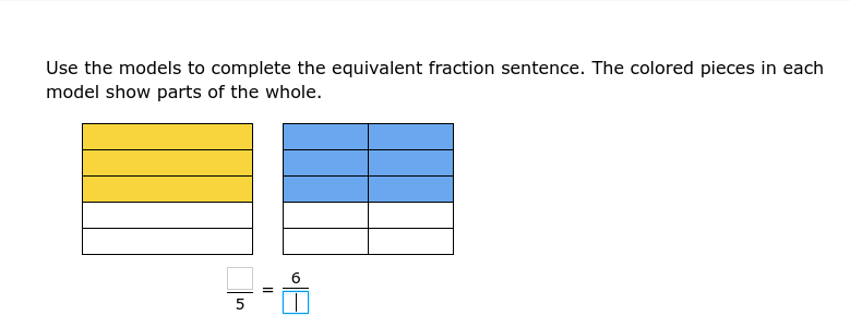 Use the models to complete the equivalent fraction sentence. The colored pieces in each
model show parts of the whole.
5
