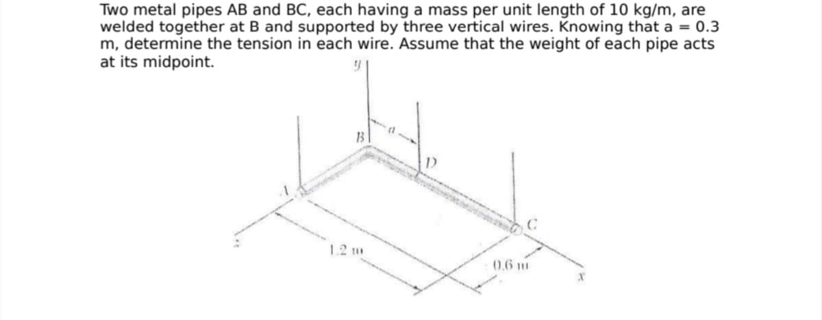 Two metal pipes AB and BC, each having a mass per unit length of 10 kg/m, are
welded together at B and supported by three vertical wires. Knowing that a = 0.3
m, determine the tension in each wire. Assume that the weight of each pipe acts
at its midpoint.
1.2 m
0.6 m
