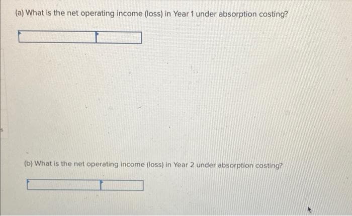 (a) What is the net operating income (loss) in Year 1 under absorption costing?
(b) What is the net operating income (loss) in Year 2 under absorption costing?
