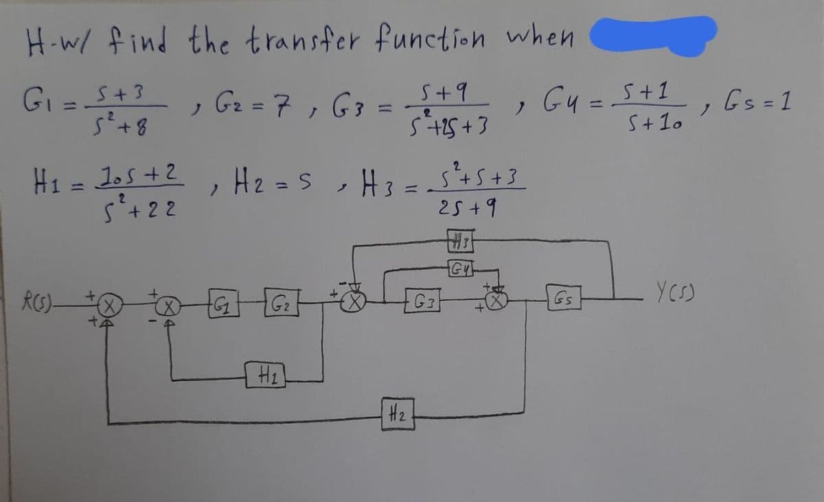 H-w/ find the transfer function when
5+9
G₁ = 5 +3
5² +8
, G₂ = 7, G3
=
1
5²+25+3
2
H₁ = 105 +2
H₂ = S, H3 =
5² +5+3
2
5² +22
25+9
+#st
Gu
R(S)-
+
>
+G₁
(b
H₂
#₂
G4 = 5+1
S+10
Gs
Y(S)
7
Gs=1