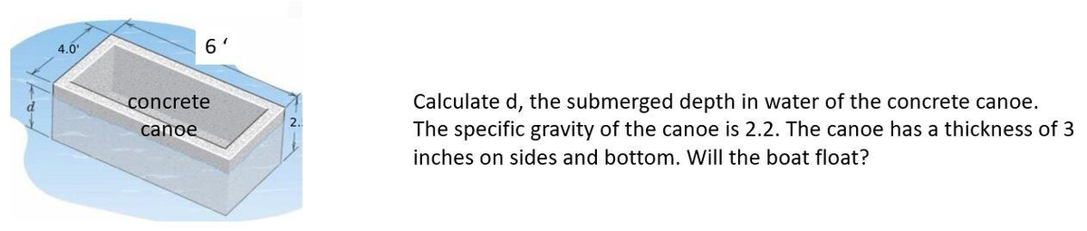 4.0'
6
10
concrete
canoe
Calculate d, the submerged depth in water of the concrete canoe.
The specific gravity of the canoe is 2.2. The canoe has a thickness of 3
inches on sides and bottom. Will the boat float?