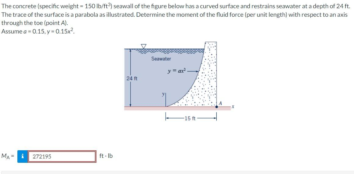 The concrete (specific weight = 150 lb/ft³) seawall of the figure below has a curved surface and restrains seawater at a depth of 24 ft.
The trace of the surface is a parabola as illustrated. Determine the moment of the fluid force (per unit length) with respect to an axis
through the toe (point A).
Assume a = 0.15, y = 0.15x².
MA = i
272195
ft·lb
24 ft
Seawater
y = ax²
-15 ft