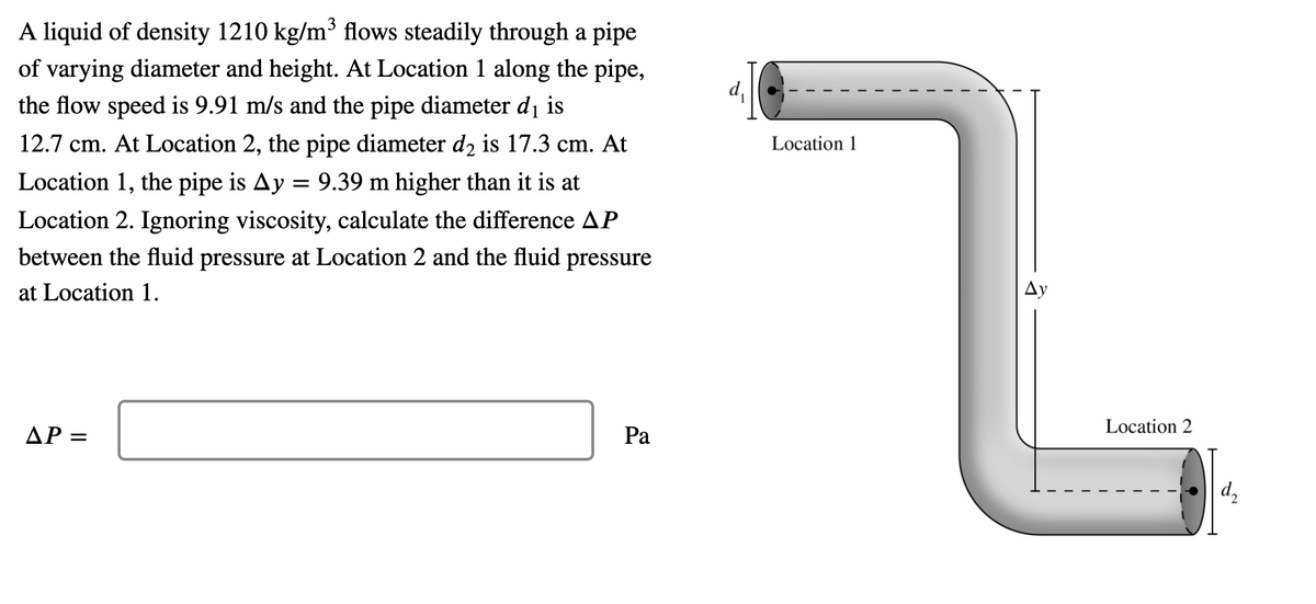 A liquid of density 1210 kg/m³ flows steadily through a pipe
of varying diameter and height. At Location 1 along the pipe,
d,
the flow speed is 9.91 m/s and the pipe diameter d1
is
12.7 cm. At Location 2, the pipe diameter d2 is 17.3 cm. At
Location 1
Location 1, the pipe is Ay = 9.39 m higher than it is at
Location 2. Ignoring viscosity, calculate the difference AP
between the fluid pressure at Location 2 and the fluid pressure
at Location 1.
Ay
Location 2
AP =
Ра
d,
