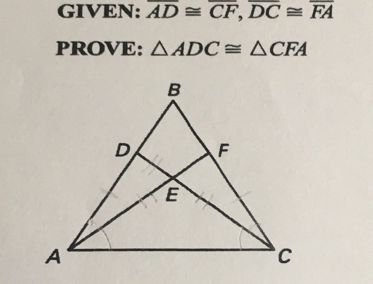 GIVEN: AD = CF, DC = FA
PROVE: A ADC = ACFA
F
E
C
