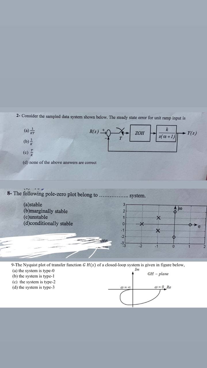 2- Consider the sampled data system shown below. The steady state error for unit ramp input is
X
T
(c)
(d) none of the above answers are correct
R(s) +
8- The following pole-zero plot belong to.
(a)stable
(b)marginally stable
(c)unstable
(d)conditionally stable
JOT
(b) the system is type-1
(c) the system is type-2
(d) the system is type-3
ons
WIL
.... system.
3
2
1
0
-1
-2
33
ZOH
@=8
*
-2
-1
k
s(TS +1)
Ajw
·0
9-The Nyquist plot of transfer function G H(s) of a closed-loop system is given in figure below,
Im
(a) the system is type-0
GH-plane
@=0_Re
0
Y(s)
1
2