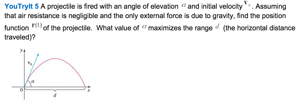 YouTrylt 5 A projectile is fired with an angle of elevation a and initial velocity 0. Assuming
that air resistance is negligible and the only external force is due to gravity, find the position
r(t)
function
of the projectile. What value of maximizes the range d (the horizontal distance
traveled)?
Vo
d
