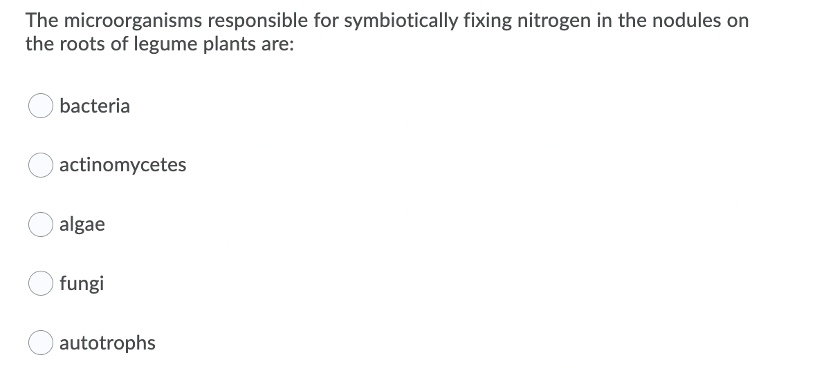 The microorganisms responsible for symbiotically fixing nitrogen in the nodules on
the roots of legume plants are:
bacteria
actinomycetes
algae
fungi
O autotrophs
