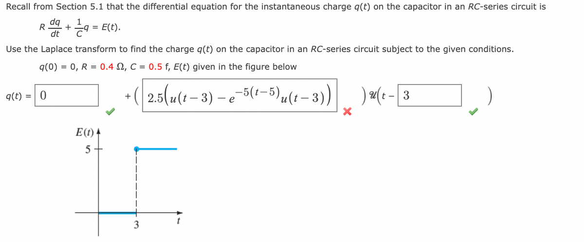 Recall from Section 5.1 that the differential equation for the instantaneous charge q(t) on the capacitor in an RC-series circuit is
dq
1
R
E(t).
dt
Use the Laplace transform to find the charge q(t) on the capacitor in an RC-series circuit subject to the given conditions.
q(0) = 0, R = 0.4 N, C = 0.5 f, E(t) given in the figure below
2.5(u(t –3) – e-5(-5)
– 3)
) 2(: - |3
q(t)
+
-e
E(t) +
3
