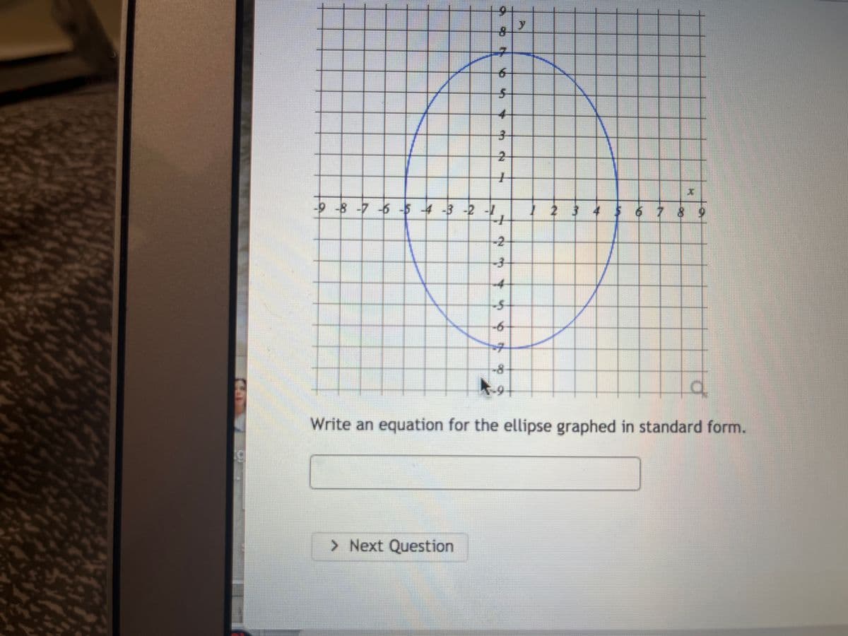 9-8-7 -6 -5 -4 -3 -2
#2
> Next Question
AN
+
M
4
-$
ကာ ကင်
-8
6
7
A
*
q
Write an equation for the ellipse graphed in standard form.