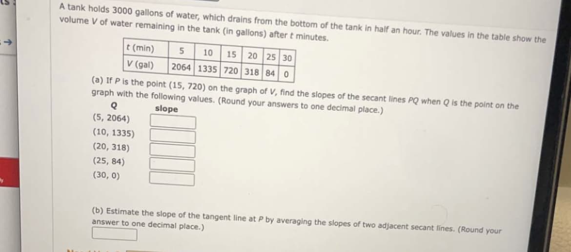 A tank holds 3000 gallons of water, which drains from the bottom of the tank in half an hour. The values in the table show the
volume V of water remaining in the tank (in gallons) after t minutes.
t (min)
V (gal)
(a) If P is the point (15, 720) on the graph of V, find the slopes of the secant lines PQ when Q is the point on the
graph with the following values. (Round your answers to one decimal place.)
slope
Q
(5, 2064)
10 15 20 25 30
5
2064 1335 720 318 84 0
(10, 1335)
(20, 318)
(25, 84)
(30, 0)
(b) Estimate the slope of the tangent line at P by averaging the slopes of two adjacent secant lines. (Round your
answer to one decimal place.)