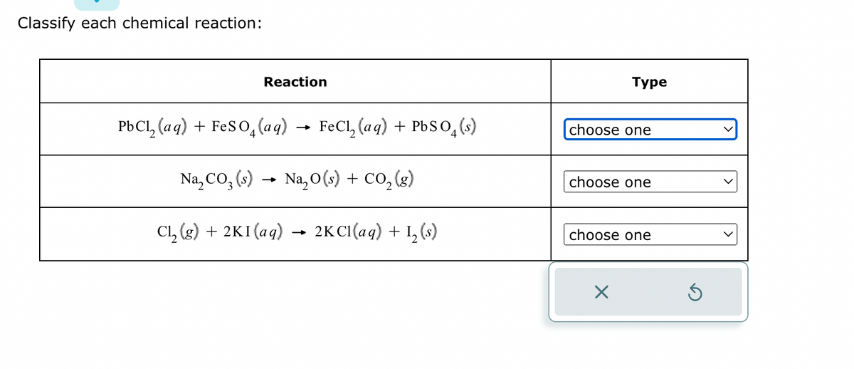 Classify each chemical reaction:
Reaction
PbCl₂ (aq) + FeSO₂ (aq) FeCl₂ (aq) + PbSO4 (s)
Na₂ CO₂ (s)→ Na₂O (s) + CO₂ (g)
Cl₂ (g) + 2KI (aq)→ 2KCl(aq) + 1₂ (s)
Туре
choose one
choose one
choose one
X
Ś