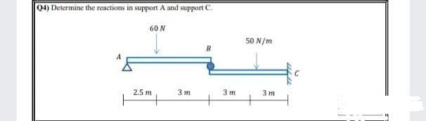 Q4) Determine the reactions in support A and support C.
60 N
50 N/m
3 m
3 т
3 т
2.5 m
+
+
+
