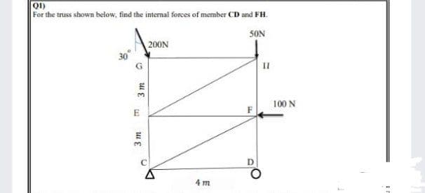 For the truss shown below, find the internal forces of member CD and FH.
SON
200N
30°
II
E
100 N
D
4 m
