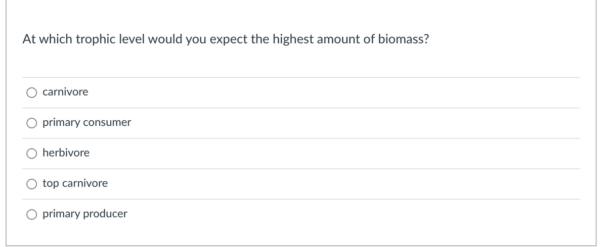 At which trophic level would you expect the highest amount of biomass?
O carnivore
O primary consumer
O herbivore
top carnivore
O primary producer
