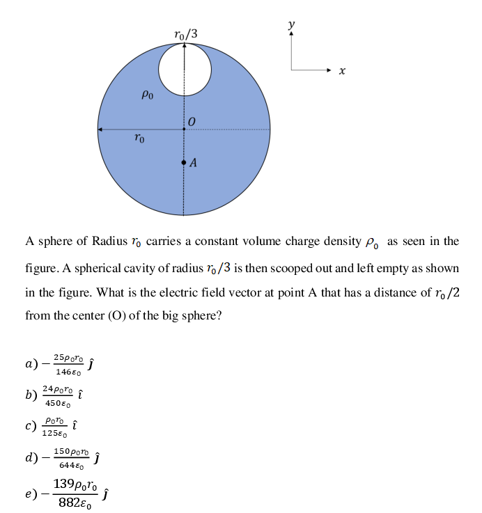 y
ro/3
Po
ro
A
A sphere of Radius r, carries a constant volume charge density P, as seen in the
figure. A spherical cavity of radius ro/3 is then scooped out and left empty as shown
in the figure. What is the electric field vector at point A that has a distance of ro /2
from the center (0) of the big sphere?
25Poro
a)
i
14680
24poro s
b)
45080
Poro
î
c)
12580
150ρ00
d)-
64480
139Poľo
882ɛ,
