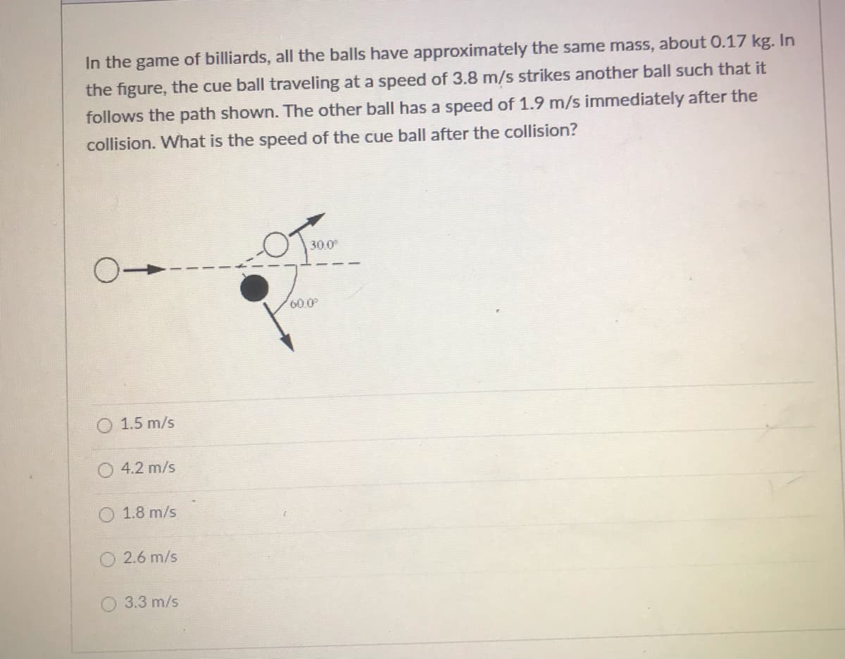 In the game of billiards, all the balls have approximately the same mass, about 0.17 kg. In
the figure, the cue ball traveling at a speed of 3.8 m/s strikes another ball such that it
follows the path shown. The other ball has a speed of 1.9 m/s immediately after the
collision. What is the speed of the cue ball after the collision?
30.0
60.0
1.5 m/s
4.2 m/s
O 1.8 m/s
2.6 m/s
O 3.3 m/s

