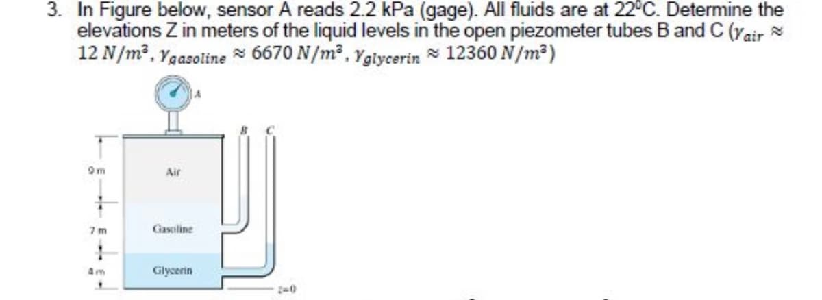 3. In Figure below, sensor A reads 2.2 kPa (gage). All fluids are at 22°C. Determine the
elevations Z in meters of the liquid levels in the open piezometer tubes B and C (Yair
12 N/m?, Yasoline 6670 N/m², Ygiycerin * 12360 N/m?)
Air
7 m
Gasoline
Glycerin
