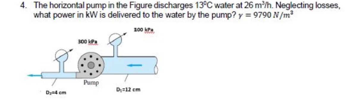 4. The horizontal pump in the Figure discharges 13°C water at 26 m/h. Neglecting losses,
what power in kW is delivered to the water by the pump? y = 9790 N/m
100 kPa
300 kPa
Pump
D=12 cm
Dz=4 cm
