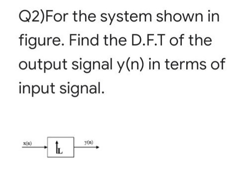 Q2)For the system shown in
figure. Find the D.F.T of the
output signal y(n) in terms of
input signal.
X(n)
Y(n)
