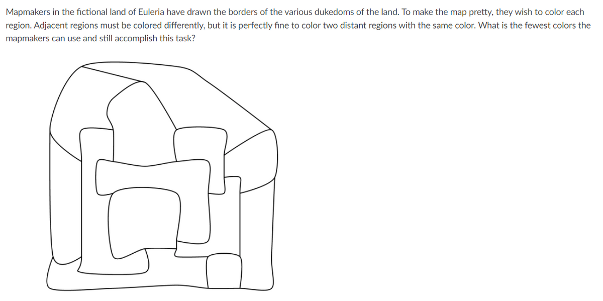 Mapmakers in the fictional land of Euleria have drawn the borders of the various dukedoms of the land. To make the map pretty, they wish to color each
region. Adjacent regions must be colored differently, but it is perfectly fine to color two distant regions with the same color. What is the fewest colors the
mapmakers can use and still accomplish this task?
