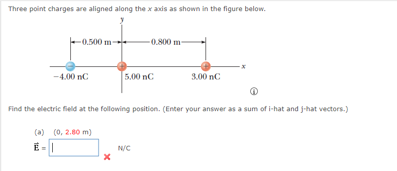 Three point charges are aligned along the x axis as shown in the figure below.
0.500 m-
-0.800 m-
-4.00 nC
5.00 nC
3.00 nC
Find the electric field at the following position. (Enter your answer as a sum of i-hat and j-hat vectors.)
(a) (0, 2.80 m)
È = |
N/C
