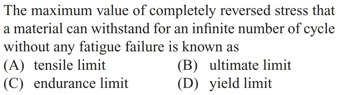 The maximum value of completely reversed stress that
a material can withstand for an infinite number of cycle
without any fatigue failure is known as
(A) tensile limit
(C) endurance limit
(B) ultimate limit
(D) yield limit
