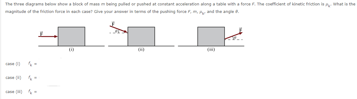 The three diagrams below show a block of mass m being pulled or pushed at constant acceleration along a table with a force F. The coefficient of kinetic friction is u. What is the
magnitude of the friction force in each case? Give your answer in terms of the pushing force F, m, µ, and the angle 0.
(i)
(ii)
(iii)
case (i)
fk =
case (ii)
fk =
case (iii)
fk =
