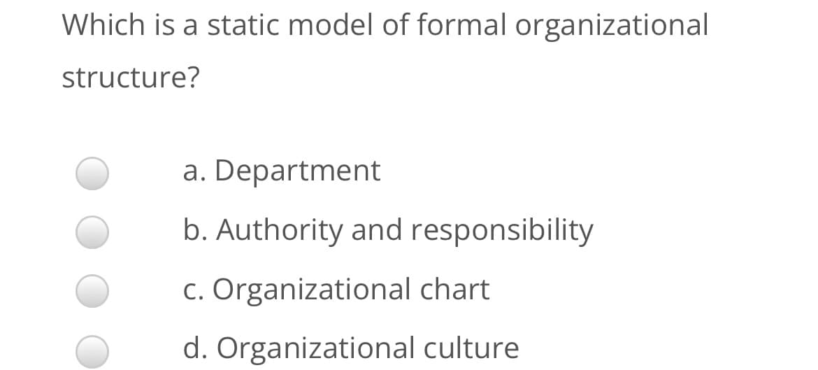 Which is a static model of formal organizational
structure?
a. Department
b. Authority and responsibility
c. Organizational chart
d. Organizational culture
