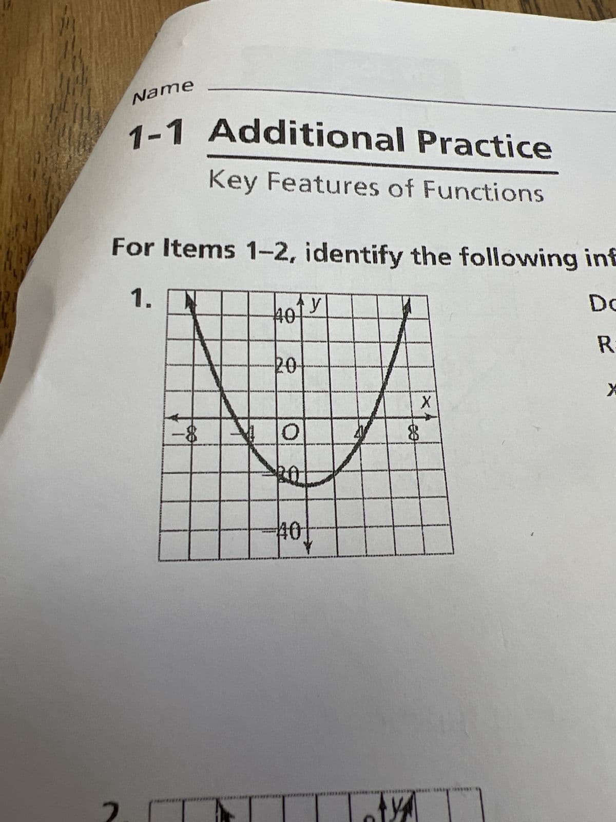 Name
1-1 Additional Practice
Key Features of Functions
For Items 1-2, identify the following inf
Do
1.
R
40
-20
0
40
y
C
8
Y
X
X