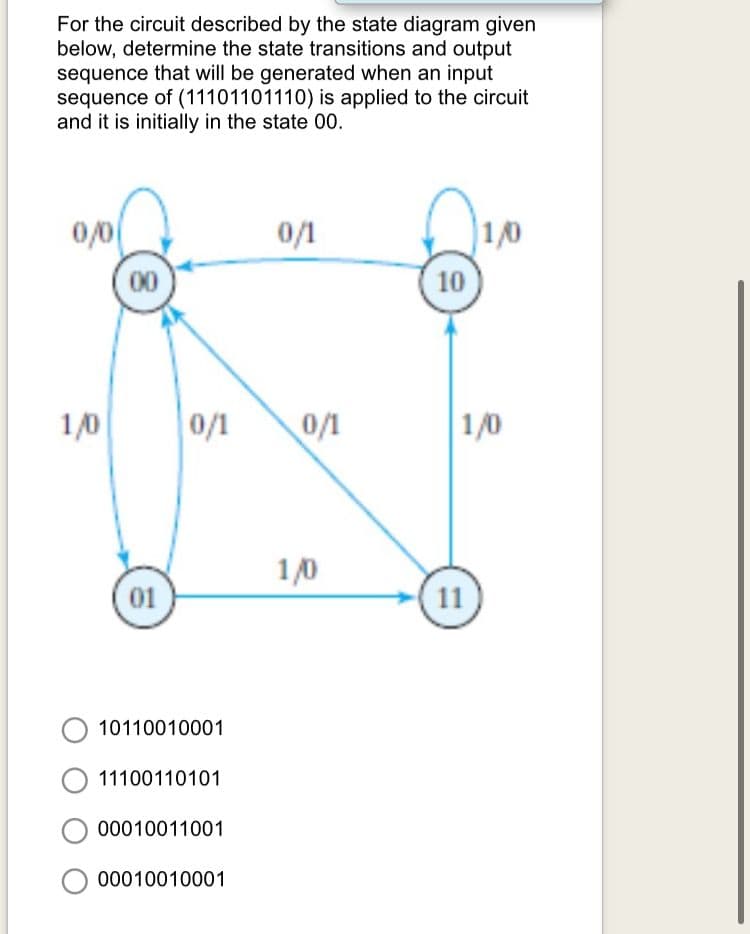 For the circuit described by the state diagram given
below, determine the state transitions and output
sequence that will be generated when an input
sequence of (11101101110) is applied to the circuit
and it is initially in the state 00.
0/0
1/0
10
0/1
00
1/0
0/1
0/1
1/0
1/0
01
11
10110010001
11100110101
00010011001
00010010001
