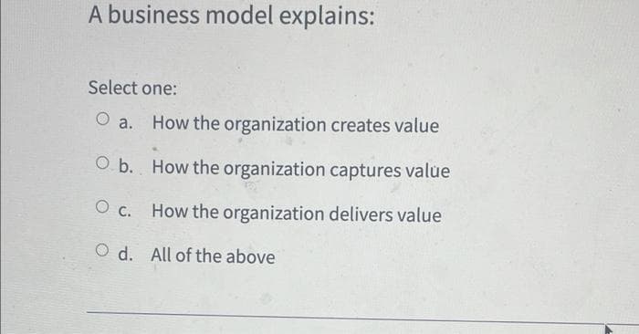 A business model explains:
Select one:
O a. How the organization creates value
O b. How the organization captures value
O c. How the organization delivers value
O d. All of the above
