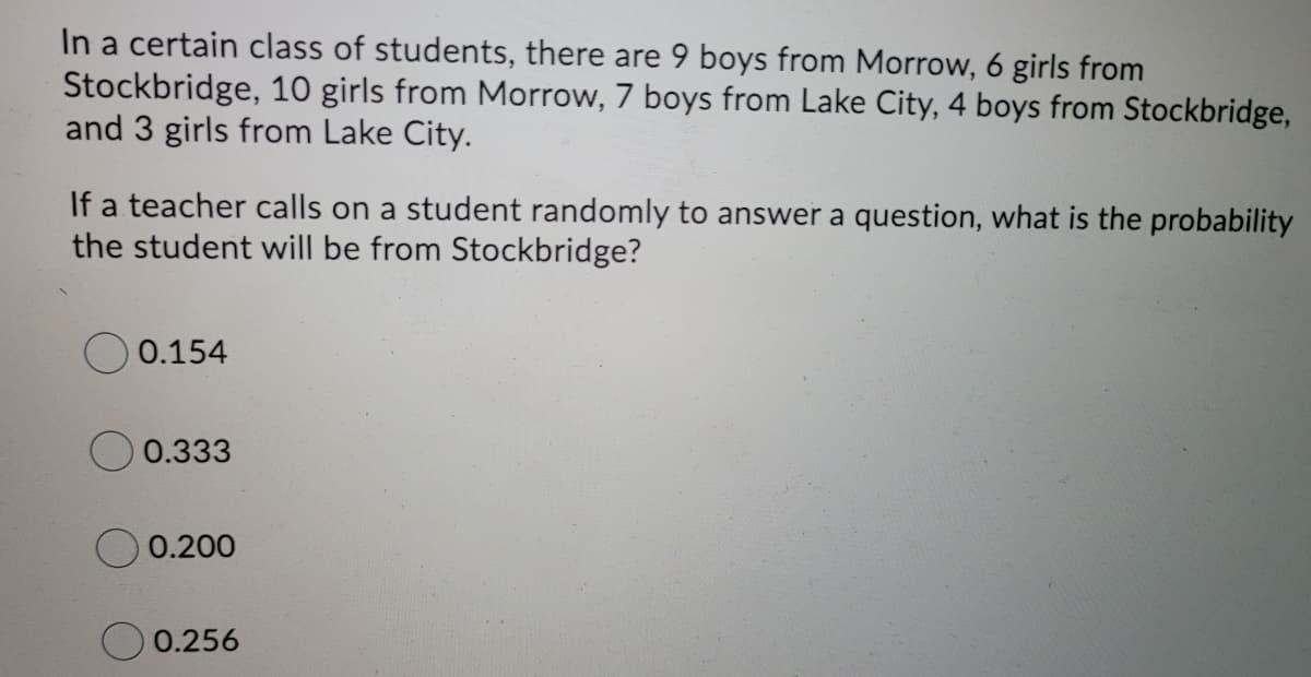 In a certain class of students, there are 9 boys from Morrow, 6 girls from
Stockbridge, 10 girls from Morrow, 7 boys from Lake City, 4 boys from Stockbridge,
and 3 girls from Lake City.
If a teacher calls on a student randomly to answer a question, what is the probability
the student will be from Stockbridge?
0.154
0.333
0.200
0.256
