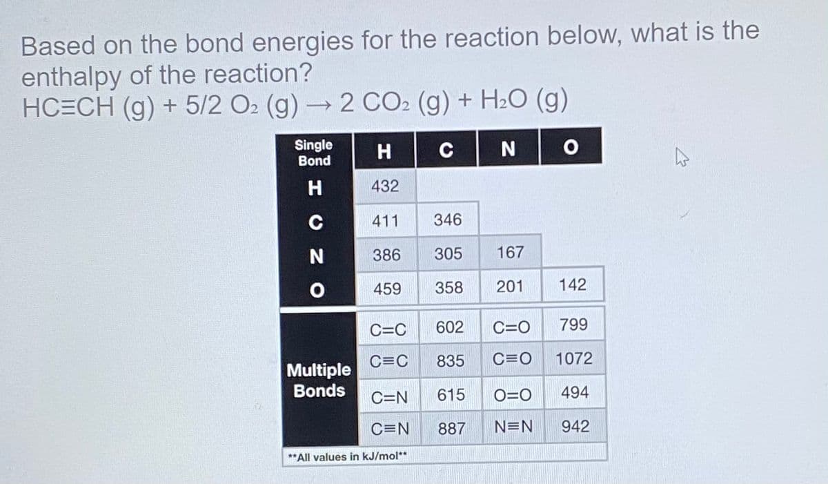 Based on the bond energies for the reaction below, what is the
enthalpy of the reaction?
HC=CH (g) + 5/2 O2 (g) → 2 CO2 (g) + H2O (g)
Single
Bond
H
C
N
H.
432
C
411
346
N
386
305
167
459
358
201
142
C=C
602
C=O
799
C=C
835
C=0
1072
Multiple
Bonds
C=N
615
O=0
494
C=N
887
N=N
942
**All values in kJ/mol**
