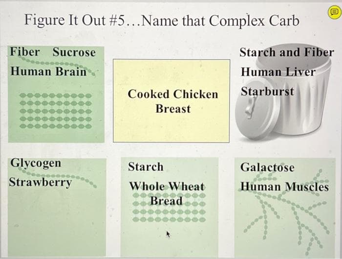 Figure It Out #5...Name that Complex Carb
Fiber Sucrose
Starch and Fiber
Human Brain
Human Liver
Cooked Chicken
Starburst
Breast
Glycogen
Starch
Galactose
Strawberry
Whole Wheat
Human Muscles
Bread
