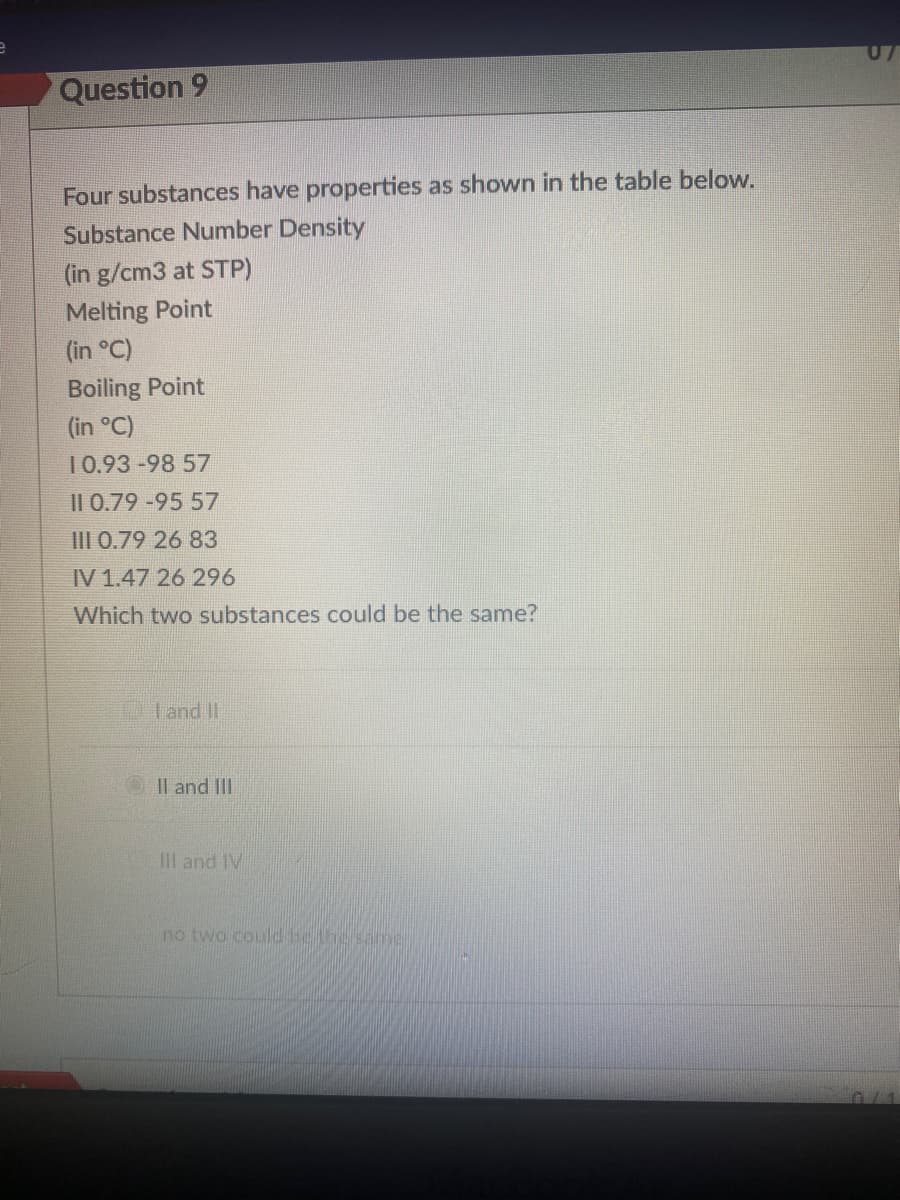 Question 9
Four substances have properties as shown in the table below.
Substance Number Density
(in g/cm3 at STP)
Melting Point
(in °C)
Boiling Point
(in °C)
10.93-98 57
11 0.79-95 57
III 0.79 26 83
IV 1.47 26 296
Which two substances could be the same?
I and II
II and III
III and IV
no two could be the same
07