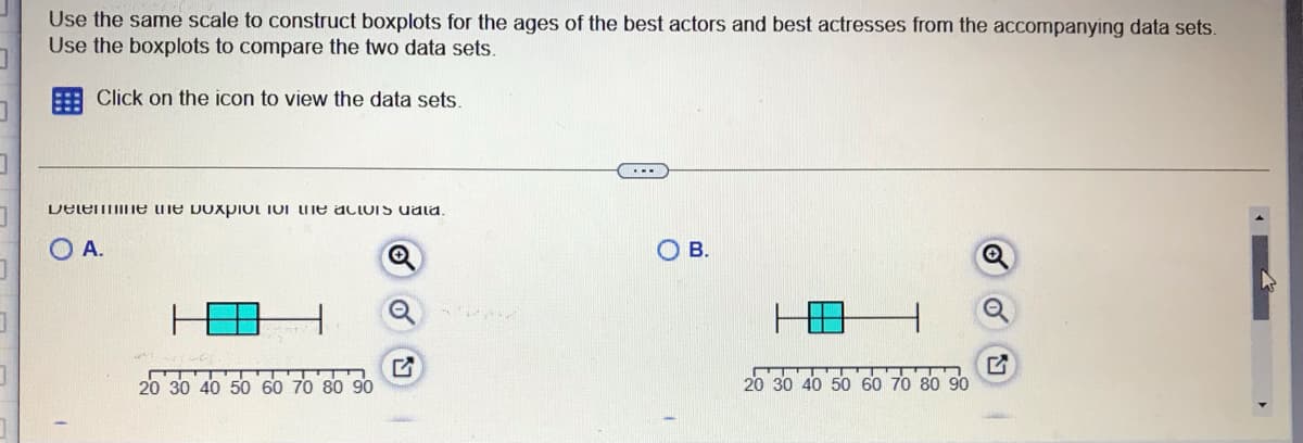Use the same scale to construct boxplots for the ages of the best actors and best actresses from the accompanying data sets.
Use the boxplots to compare the two data sets.
: Click on the icon to view the data sets.
Delemine me boxpiOt TOi he aLIviS data
O A.
ов.
20 30 40 50 60 70 80 90
20 30 40 50 60 70 80 90

