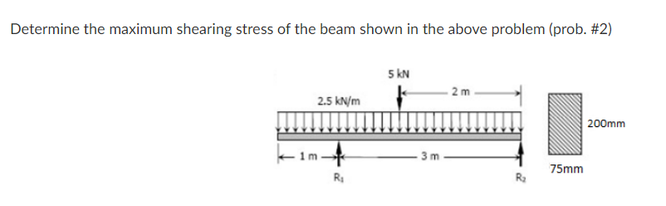 Determine the maximum shearing stress of the beam shown in the above problem (prob. #2)
5 kN
2 m
2.5 kN/m
200mm
3m
75mm
