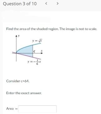 Question 3 of 1o
Find the area of the shaded region. The image is not to scale.
y = VE
y=-
Consider c=64.
Enter the exact answer.
Area =
