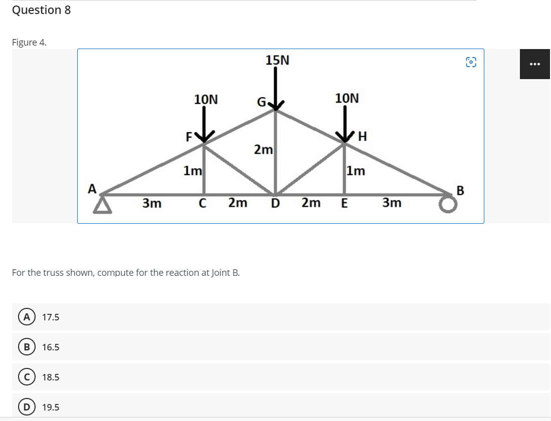 Question 8
Figure 4.
A 17.5
B
D
For the truss shown, compute for the reaction at Joint B.
16.5
18.5
3m
19.5
10N
1m
15N
G
2m
C 2m D
10N
H
1m
2m E
3m
B
O
: