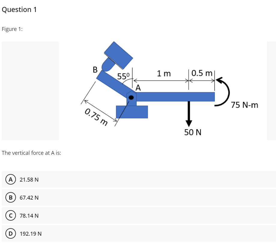 Question 1
Figure 1:
The vertical force at A is:
A) 21.58 N
B) 67.42 N
C) 78.14 N
(D) 192.19 N
B
0.75 m
55⁰
A
1m
0.5 m
50 N
75 N-m