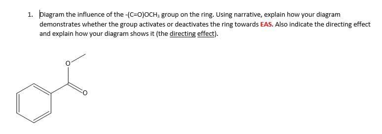 1. þiagram the influence of the -(C=0)oCH, group on the ring. Using narrative, explain how your diagram
demonstrates whether the group activates or deactivates the ring towards EAS. Also indicate the directing effect
and explain how your diagram shows it (the directing effect).
