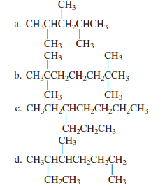 CH3
a. CH;CHČH,CHCH;
ČH; CH3
CH3
CH3
b. CH,CCH,CH,CH,CCH3
ČH3
ČH3
c. CH;CH,CHCH,CH,CH,CH3
ČH,CH,CH3
CH3
d. CH;CHCHCH,CH,CH,
ČH,CH3
ČH3
