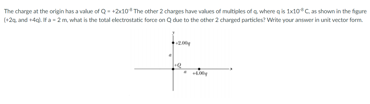 The charge at the origin has a value of Q = +2x10-8 The other 2 charges have values of multiples of q, where q is 1x10-8 C, as shown in the figure
(+2q, and +4g). If a = 2 m, what is the total electrostatic force on Q due to the other 2 charged particles? Write your answer in unit vector form.
+2.00q
a
+Q
a
+4.00q

