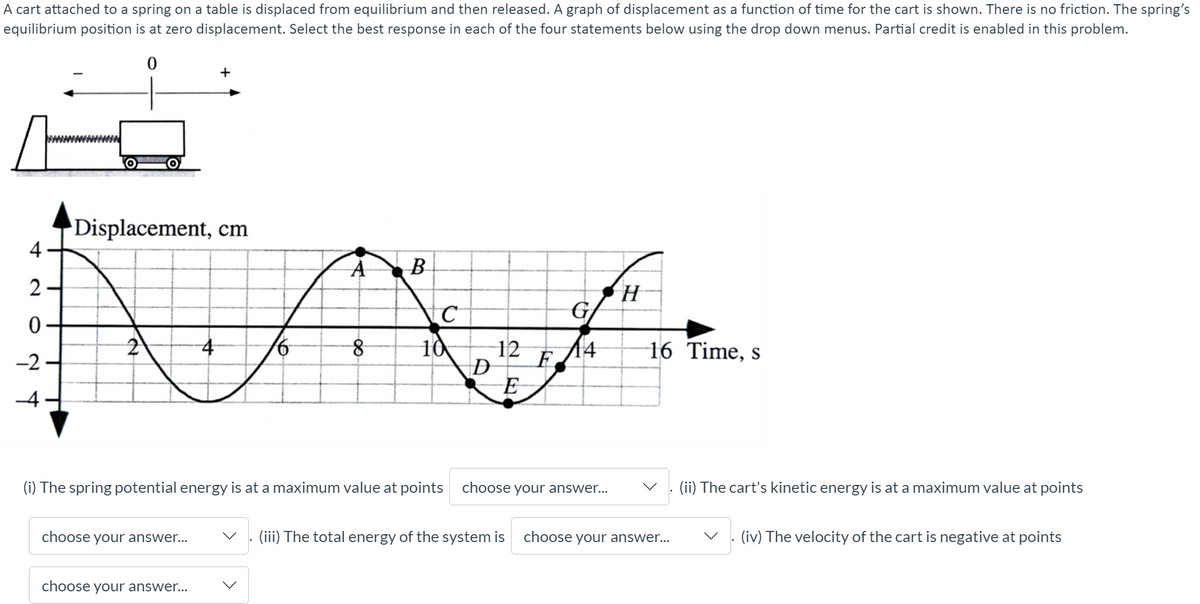 A cart attached to a spring on a table is displaced from equilibrium and then released. A graph of displacement as a function of time for the cart is shown. There is no friction. The spring's
equilibrium position is at zero displacement. Select the best response in each of the four statements below using the drop down menus. Partial credit is enabled in this problem.
+
Displacement, cm
4
В
G
10
12
4
16 Time, s
-2 -
(i) The spring potential energy is at a maximum value at points choose your answer..
. (ii) The cart's kinetic energy is at a maximum value at points
choose your answer...
(iii) The total energy of the system is
choose your answer...
(iv) The velocity of the cart is negative at points
choose your answer...
