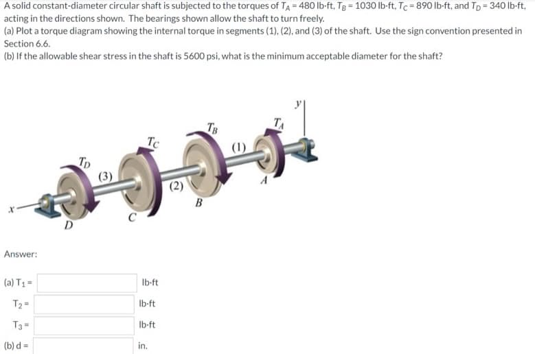 A solid constant-diameter circular shaft is subjected to the torques of TA = 480 lb-ft, TB = 1030 lb-ft, Tc = 890 lb-ft, and Tp = 340 lb-ft,
acting in the directions shown. The bearings shown allow the shaft to turn freely.
(a) Plot a torque diagram showing the internal torque in segments (1), (2), and (3) of the shaft. Use the sign convention presented in
Section 6.6.
(b) If the allowable shear stress in the shaft is 5600 psi, what is the minimum acceptable diameter for the shaft?
TA
TB
Tc
TD
Answer:
(a) T₁ =
T₂=
T3 =
(b) d=
D
lb-ft
lb-ft
lb-ft
in.
(2)
B