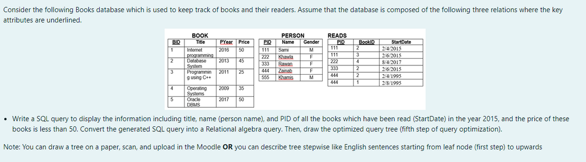 Consider the following Books database which is used to keep track of books and their readers. Assume that the database is composed of the following three relations where the key
attributes are underlined.
BOOK
Title
PERSON
READS
PID
111
111
222
333
444
BID
PID
111
Gender
BookID
StartDate
2/4/2015
PYear Price
Name
2
Internet
programming
Database
System
Programmin
g using C++
1
2016
50
Sami
M
3
2/6/2015
8/4/2017
Khawla
Rawan
Zainab
Khamis
222
2
2013
45
4
333
444
2
2/6/2015
3
2011
25
555
M
2
2/4/1995
444
1
2/8/1995
Operating
Systems
Oracle
DBMS
4
2009
35
5
2017
50
• Write a SQL query to display the information including title, name (person name), and PID of all the books which have been read (StartDate) in the year 2015, and the price of these
books is less than 50. Convert the generated SQL query into a Relational algebra query. Then, draw the optimized query tree (fifth step of query optimization).
Note: You can draw a tree on a paper, scan, and upload in the Moodle OR you can describe tree stepwise like English sentences starting from leaf node (first step) to upwards
