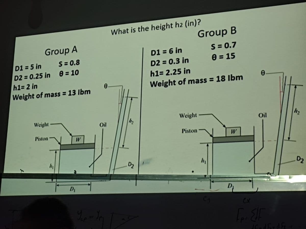 What is the height h2 (in)?
Group B
S = 0.7
e = 15
Group A
D1 = 6 in
S= 0.8
D1 = 5 in
D2 = 0.25 in 0 = 10
h1= 2 in
D2 = 0.3 in
h1= 2.25 in
e.
Weight of mass = 18 Ibm
Weight of mass = 13 lbm
Weight-
Weight
h2
Oil
Oil
Piston
Piston
W
W.
D2
DI
D
CX
