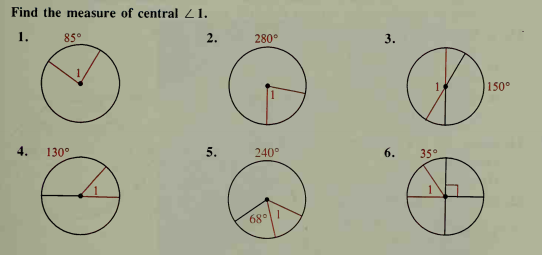Find the measure of central 21.
1.
85°
2.
280°
3.
150
4.
130°
5.
240°
6.
35°
68°
