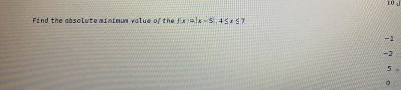 10 J
Find the absolute minimum value of the fx)= x-5 45xS7
ー1
-2
